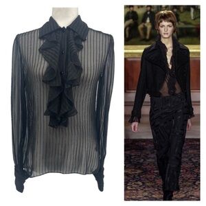 Ralph Lauren Collection Silk Sheer Ruffle Long Sleeve Blouse Collared Black Top